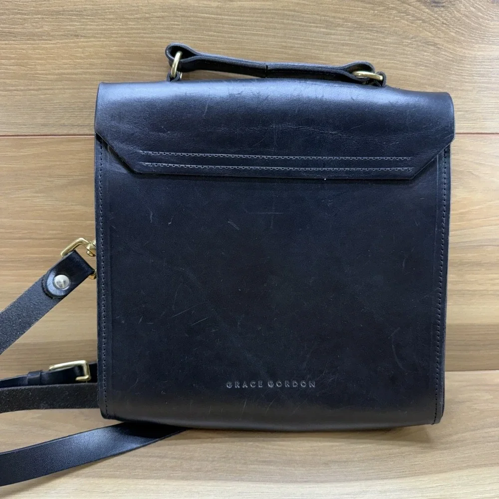 GRACE GORDON‎ Black Modern Leather Satchel Top Handle Minimalist Sleek UK
